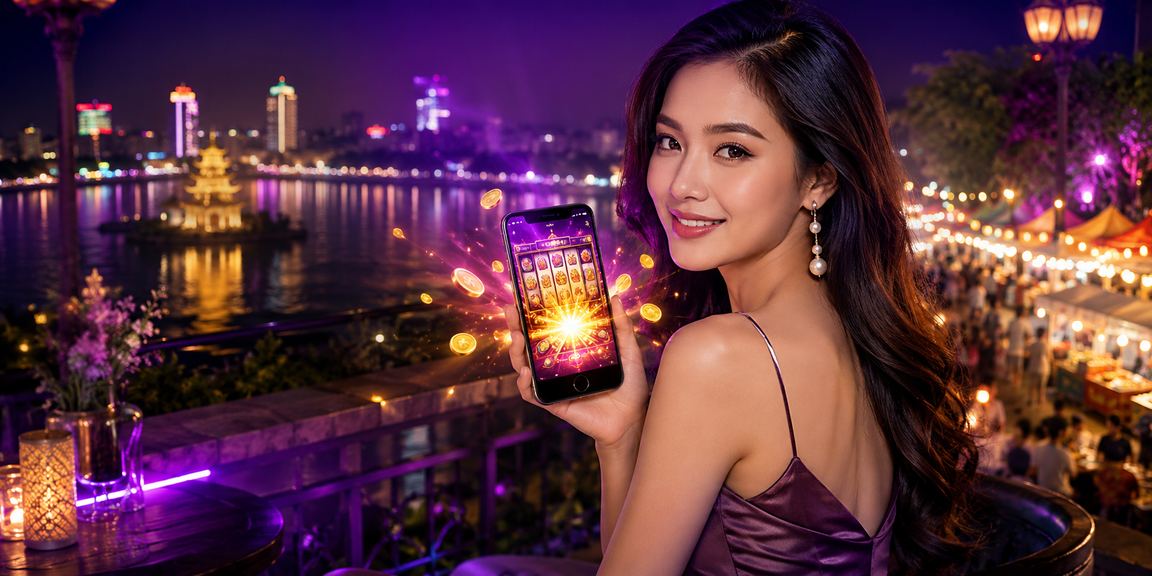 Màn hình slot game rực rỡ tại chợ đêm Hà Nội, người chơi thư giãn vào buổi tối