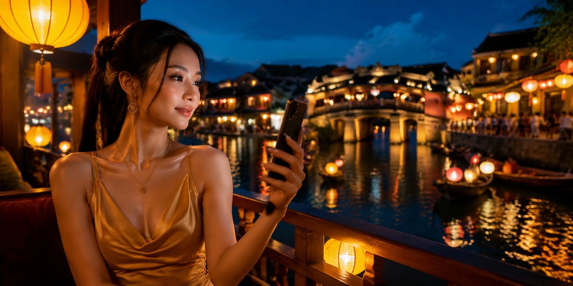Người dùng tại Hội An trải nghiệm casino trên điện thoại giữa không gian chợ đêm lung linh