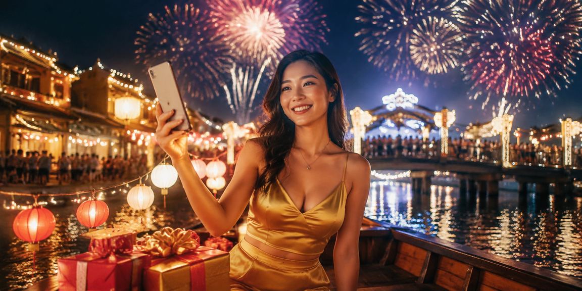 Người dùng trải nghiệm casino trực tuyến trên điện thoại tại chợ đêm Hội An lung linh ánh đèn